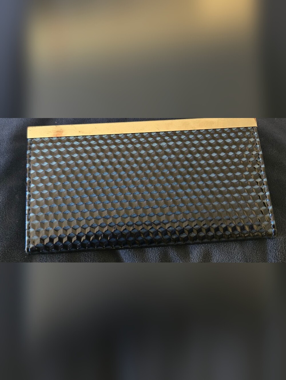 Textured Dark Blue Patent Clutch with Gold Trim